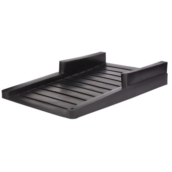 Black plastic full ADA playground ramp providing wheelchair accessible entry over landscape timber borders for inclusive play areas