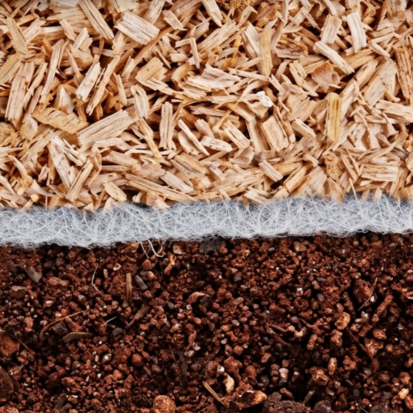 Engineered wood fiber playground surfacing with geotextile fabric layer showing mulch and sub base for safe fall protection
