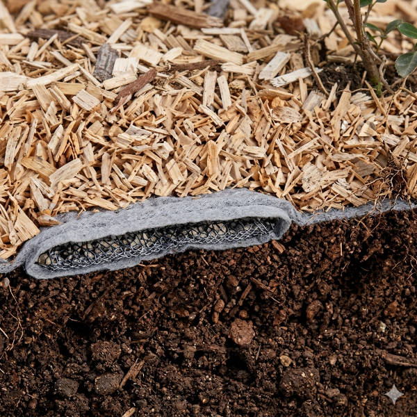 Engineered wood fiber playground surfacing system with drain layer geotextile fabric and sub base for improved drainage