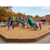 School playground with engineered wood fiber surfacing system 300 providing fall protection and drainage for high traffic play areas