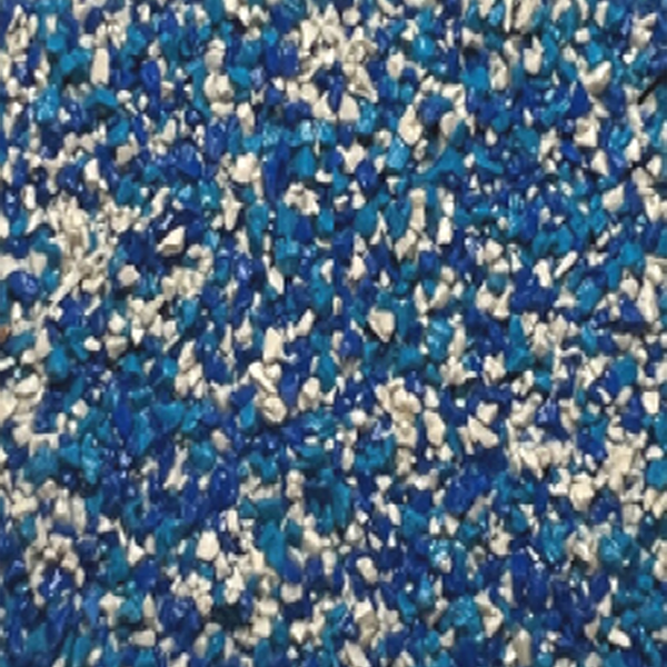 Blue and white EPDM rubber granules showing textured slip resistant PolySplash playground surfacing for splash pads and waterparks