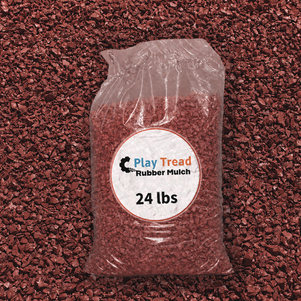 Bag of red rubber mulch playground surfacing weighing 24 lbs for commercial playground safety areas